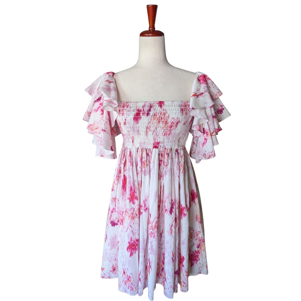 MISA Los Angeles Dina Pink Floral Smocked Ruffle Mini Dress Womens Medium - Picture 2 of 9